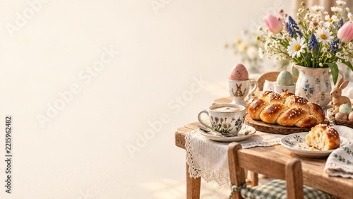 Miniature Easter Breakfast Table with Coffee and Spring Flowers