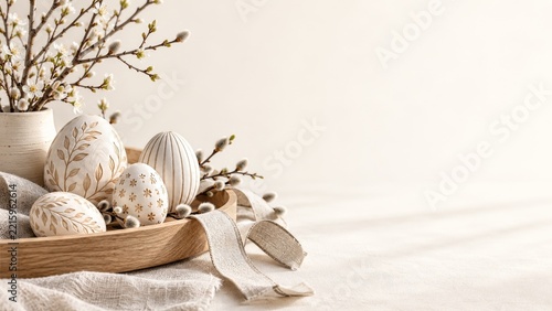 Carved White Wooden Easter Eggs with Willow on a Natural Wood Tray