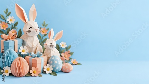 Origami Rabbits with Honeycomb Easter Eggs and Gifts on Powder Blue