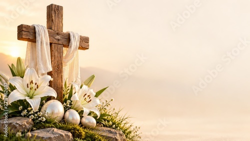 Wooden Cross with White Cloth and Lilies beside Pearly Easter Eggs