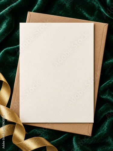 Blank Ivory Card and Kraft Envelope on Green Velvet with Gold Ribbon