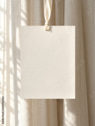 Blank Deckled Ivory Tag Hanging from Linen Ribbon before Cream Curtains