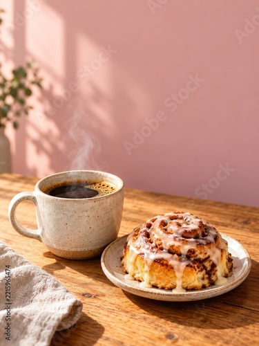Steaming Coffee with an Iced Cinnamon Roll on a Warm Wooden Table