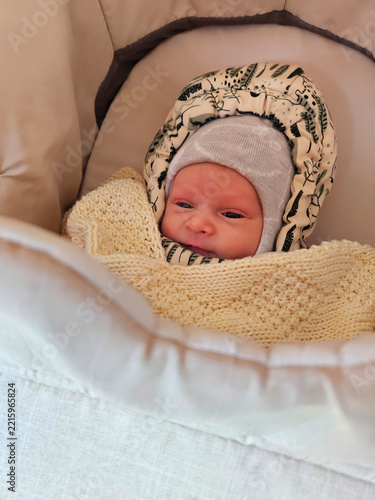 Newborn baby wrapped in soft knitted blanket. Baby wears patterned bonnet and cozy knit cap. Cradled gently in padded bassinet. Soft, neutral tones create calm, serene atmosphere