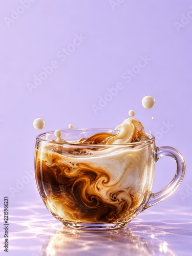 Coffee and Cream Splash in a Clear Glass Cup Against Pale Lavender