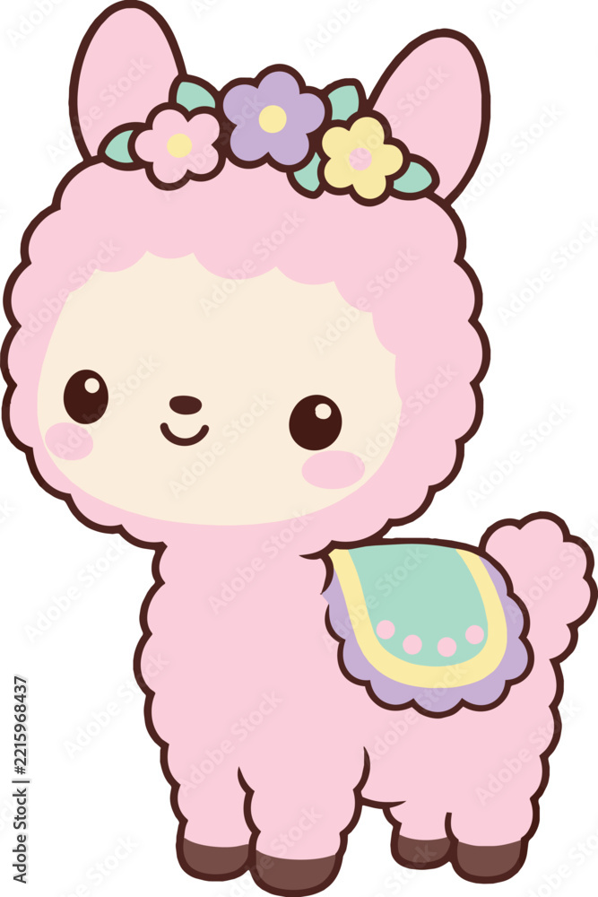 Fototapeta premium Cute kawaii llama wearing a small flower crown, floral accessory, vector illustration