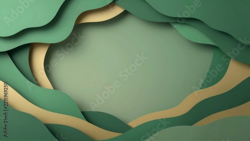 abstract digital art piece green background background multiple layers different shades green beige creating wave like pattern layers arranged way creates sense depth dimension center large circular
