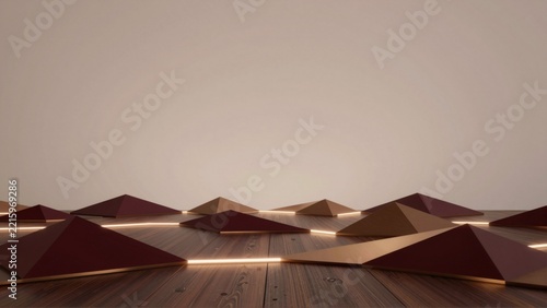 group triangular shaped objects arranged grid like pattern wooden surface objects appear wood different shades brown beige background plain white wall objects illuminated warm yellow light overall