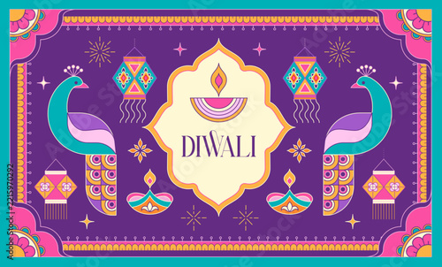 Colorful Diwali background with peacocks, Diya lamps, lanterns and abstract decorative design elements. Ethnic template with geometric and floral motifs. Oriental vector illustration