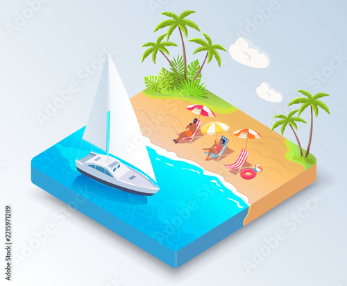 Isometric illustration of people relaxing on a tropical island beach and yacht