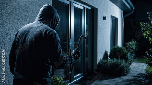 Dark figure wearing a hooded jacket attempts to break into a home at night by using a crowbar on a glass door to gain unauthorized access to the