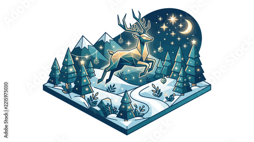 Leaping Deer in Winter Forest Vector Illustration