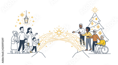 Diverse group of people connecting across a bridge illustration
