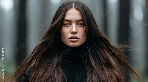 Stunning mixed-ethnicity woman in a forest, showcasing natural beauty and confidence.