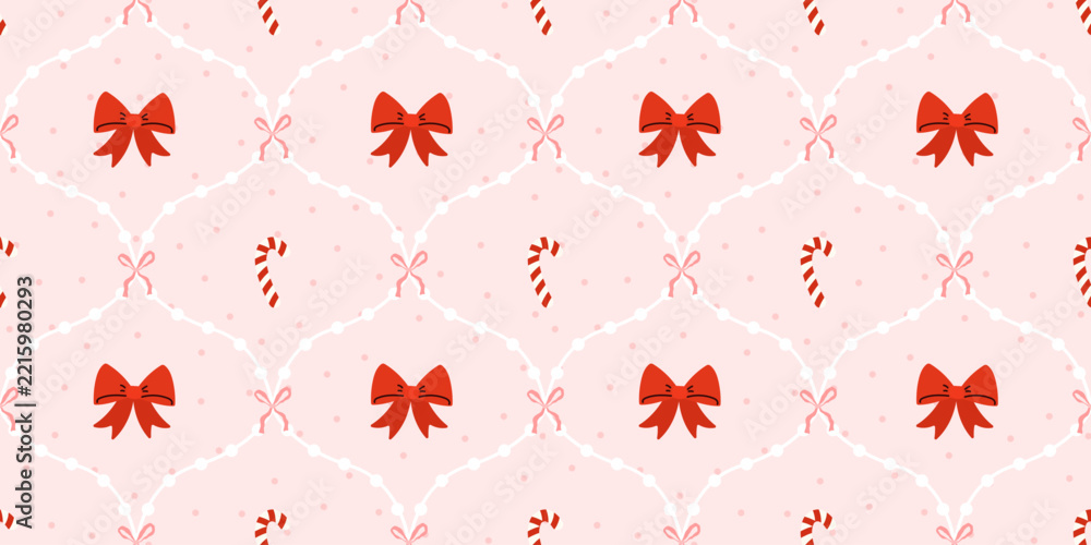 Fototapeta premium Bow pattern coquette pink heart seamless vector bg for sweater. Cover or gift ornament elegant lattice background with bowknot illustration. Love trellis graphic for happy kid or baby.