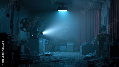 Dark abandoned workshop with beam of light