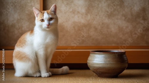 Ginger and white cat beside ceramic bowl