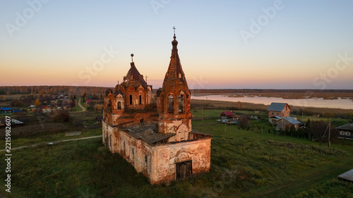 Abandoned 18th Century Church in Rural Village at Sunset