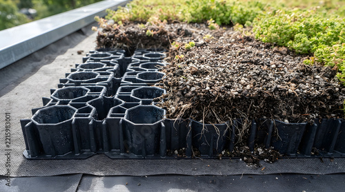 Green Roof Drainage Cell System Detail, Showcasing Sustainable Urban Gardening and Eco-Friendly Building Design