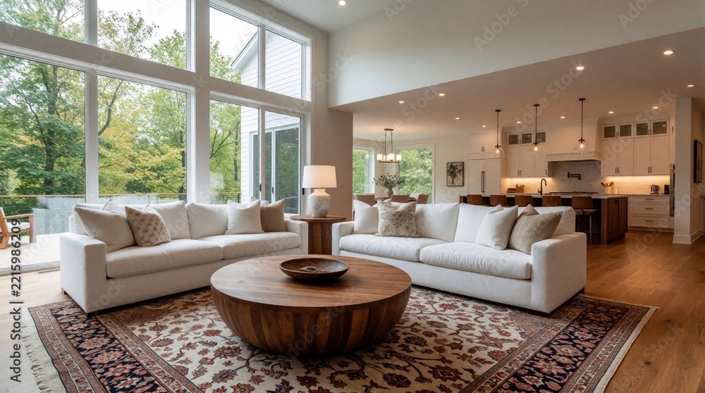 Fototapeta premium Modern open plan living room with large windows, white sofas. Wooden coffee table sits on oriental rug in bright luxury home. Spacious interior features hardwood floor, kitchen area in background.