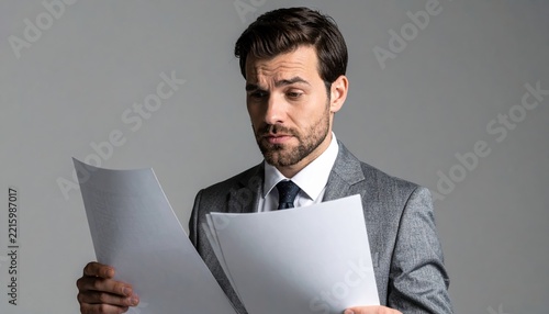 Handsome man holding documents with concerned expression, business problem concept