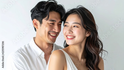 Happy young couple bonding affectionately against clean white background