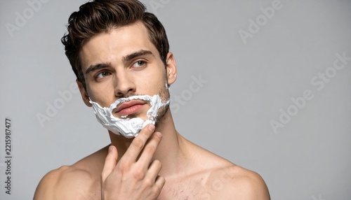 Handsome shirtless man deciding whether to shave, grooming concept