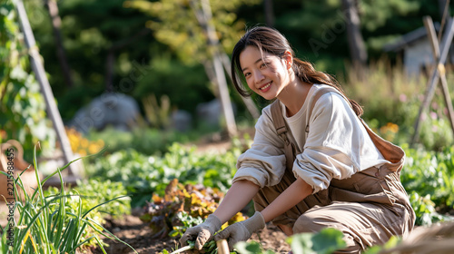 Smiling Asian woman gardening in a sunlit vegetable patch, enjoying nature's bounty.
