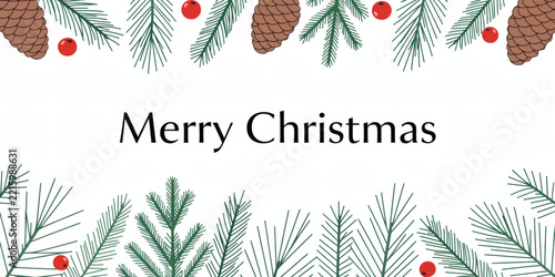 Elegant Christmas Greetings Card Surrounded By Holiday Pine And Decorative Elements