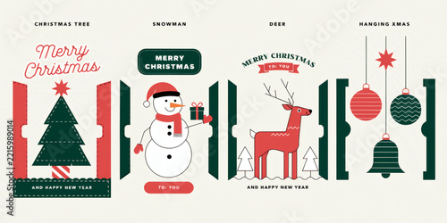 Whimsical And Fun Christmas Illustrations Including Tree, Snowman, And Deer For Festivity