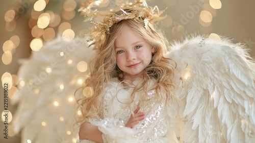 Sweet girl in angel costume with golden crown and wings, surrounded by soft lights.
