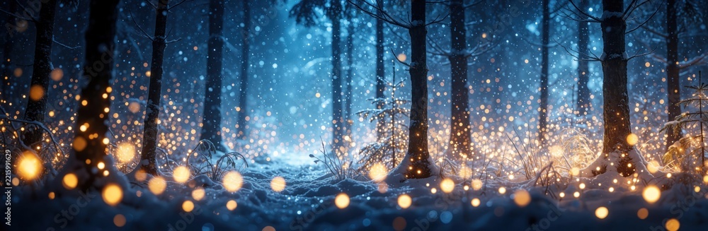 Naklejka premium Blurred winter forest with glowing bokeh lights on snowy ground. Magical blue night woods feature bright warm fairy lights between dark trees. Enchanting seasonal landscape creates dreamy festive