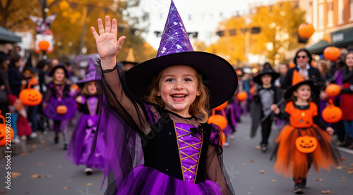 Happy child in witch costume waving at halloween parade
