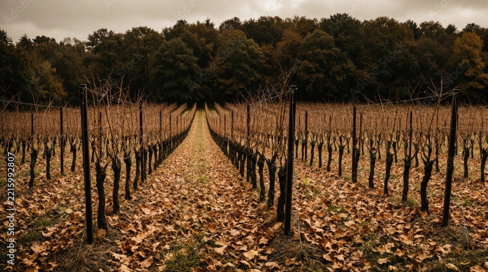 Fototapeta premium Rows of grapevines without leaves cover large vineyard field in autumn. Dry brown leaves lie on ground between wooden trellis posts. Dark forest background under cloudy sky. Agriculture land shows
