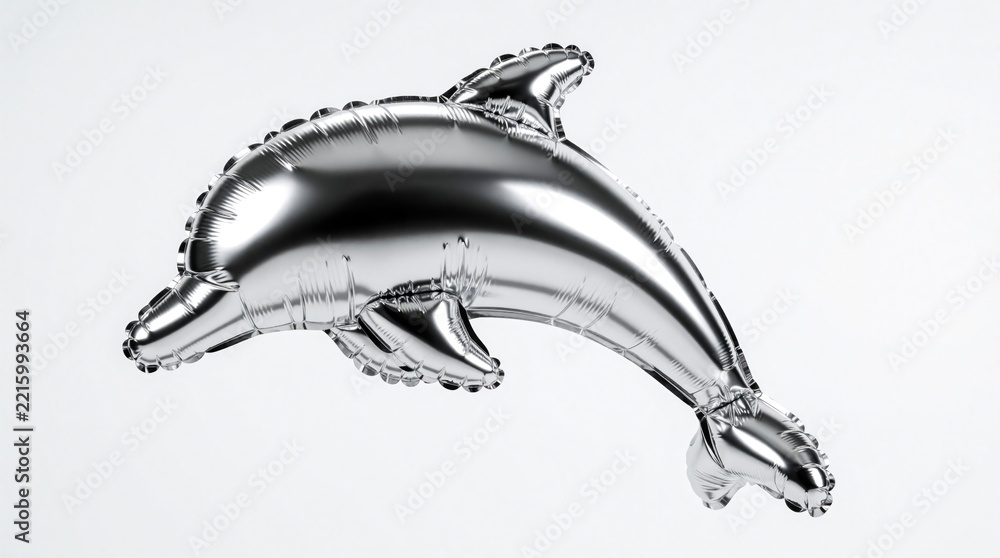 Naklejka premium Silver metallic dolphin balloon floats in mid air. Shiny inflatable sea animal decoration for party birthday celebration. Glossy chrome aquatic toy stays isolated on plain white background. Fun