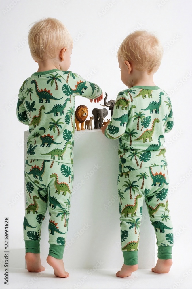 Naklejka premium Two toddler boys wear green dino print pajamas. Little kids play with safari animal figurines on white pedestal. Small boys explore wild jungle animals like lion, elephant. Childhood fun, imaginative
