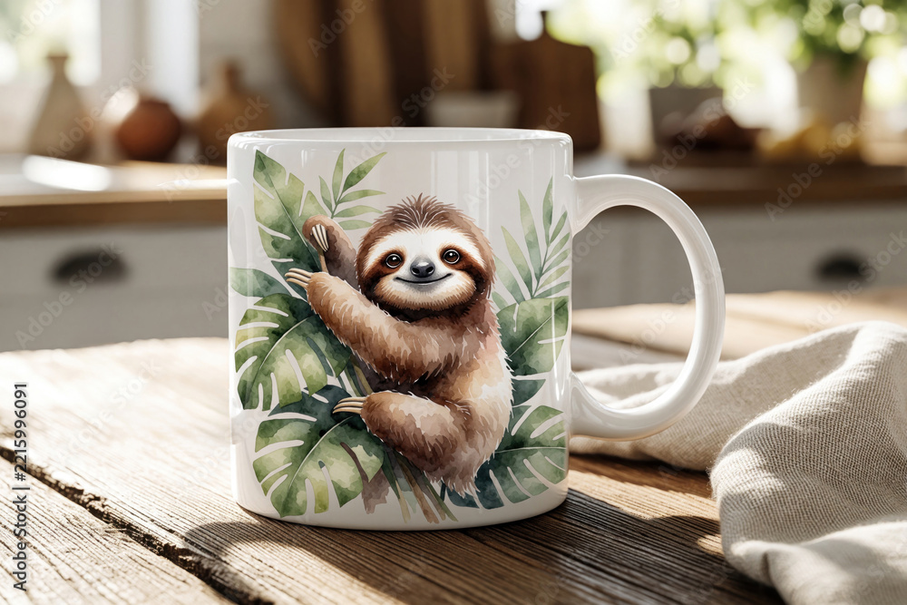 Naklejka premium White ceramic mug with cute watercolor sloth design on tropical green leaves. Adorable slow mammal artwork on coffee cup. Perfect gift for animal lovers. Tableware sits on rustic wooden surface in