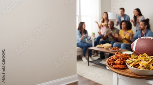 Friends watching American football game with snacks and drinks at home
