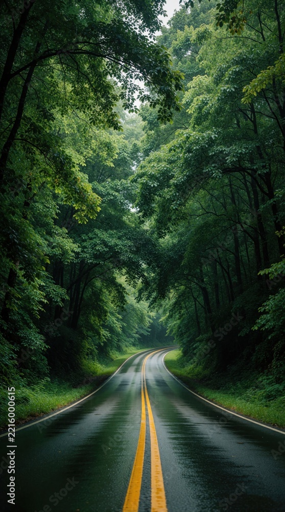 Fototapeta premium Winding asphalt road goes through green forest tunnel. Wet street with yellow lines under rich tree canopy after rain. Scenic highway route through dense woods, summer foliage. Peaceful drive on