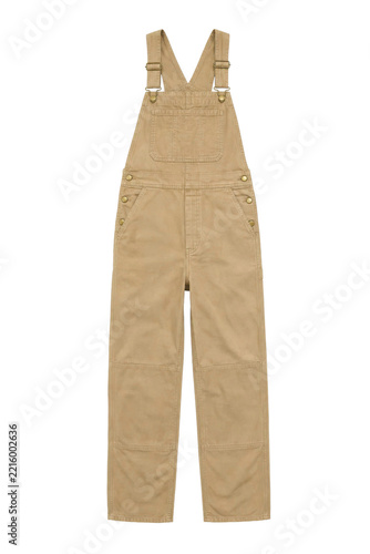 Full-length beige canvas work overalls with brass buckles and buttons, presented on a clean white background