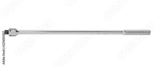 Shiny chrome breaker bar with a knurled handle is positioned horizontally on a clean white background