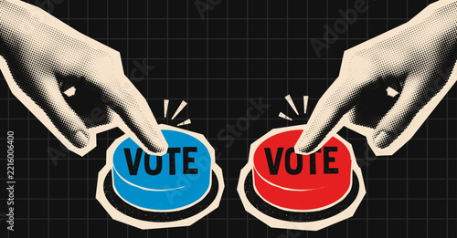 Democrats versus Republicans election illustration, hands pressing blue and red vote buttons retro halftone style American election design