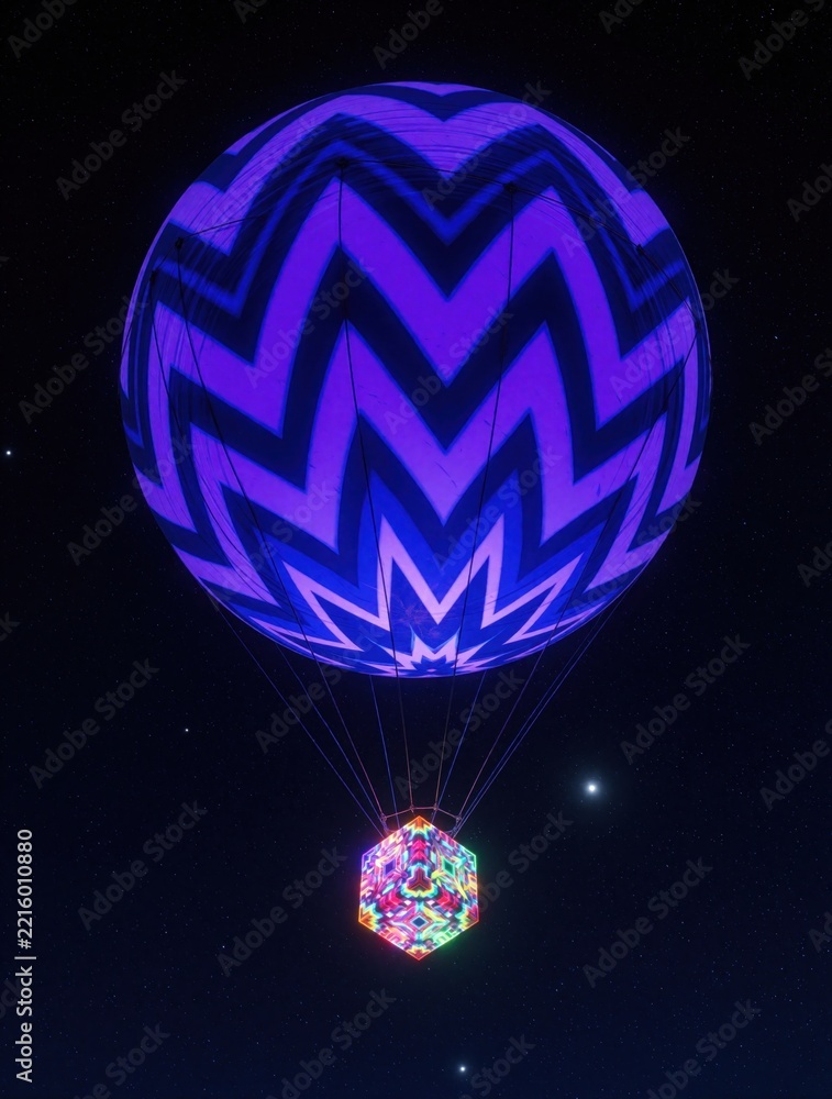 Fototapeta premium Large glowing blue sphere with purple zigzag pattern floats in dark night sky. Small colorful geometric cube hangs below by thin ropes. Abstract light installation creates mysterious atmosphere with