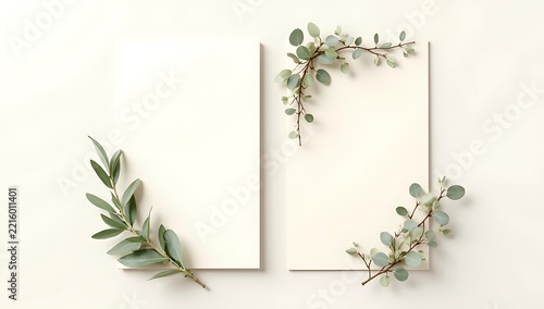 Two vertical paper cards decorated with green eucalyptus leaves for wedding invites