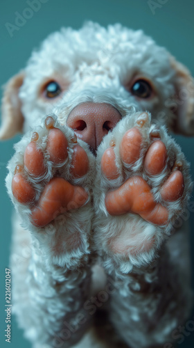 White curly dog showing pink paw pads