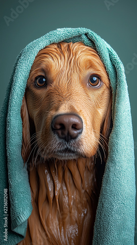 Wet golden dog wrapped in a turquoise towel