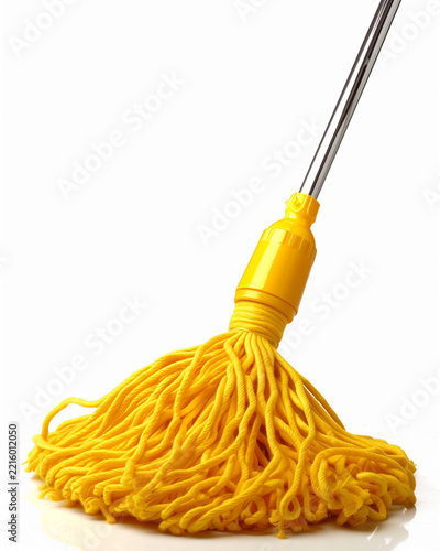 Yellow string mop isolated against a white background