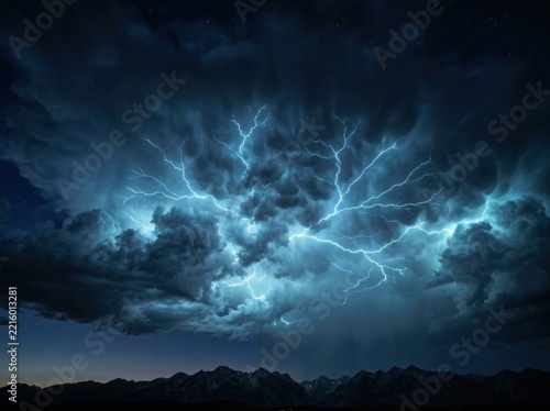Intense lightning strike illuminating dark storm clouds above mountain silhouettes at night, dramatic atmospheric weather phenomenon