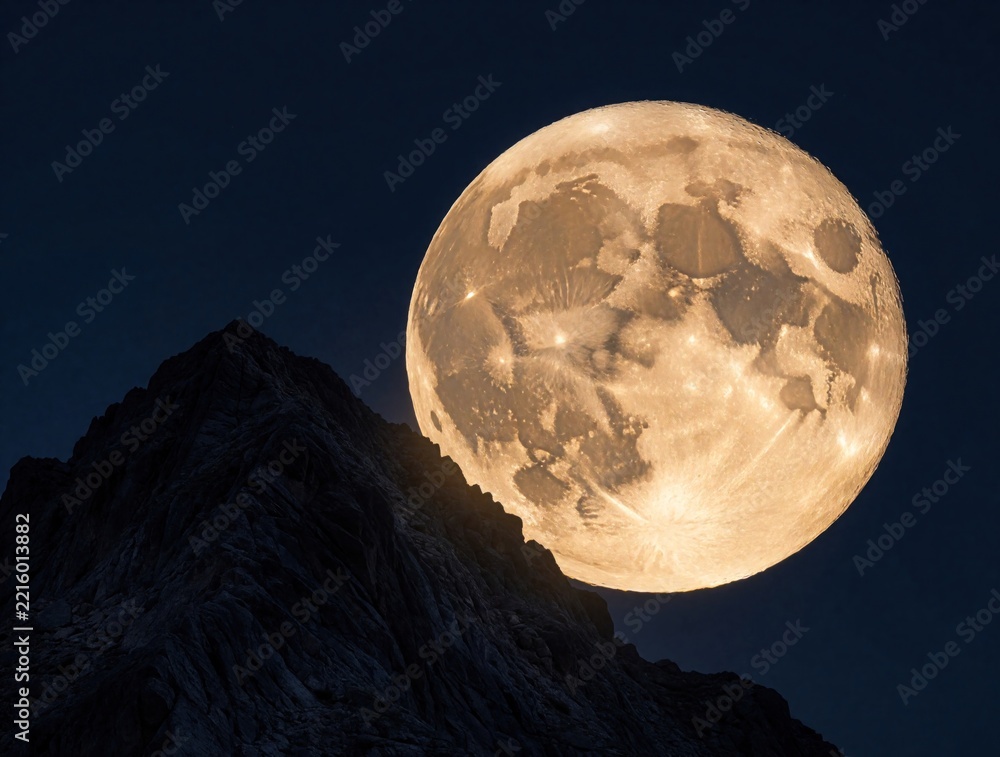 Fototapeta premium Giant full moon rises behind dark mountain peak at night. Huge glowing lunar sphere hangs in black sky above rocky hill. Massive bright moon shows craters, surface details in space. Beautiful night