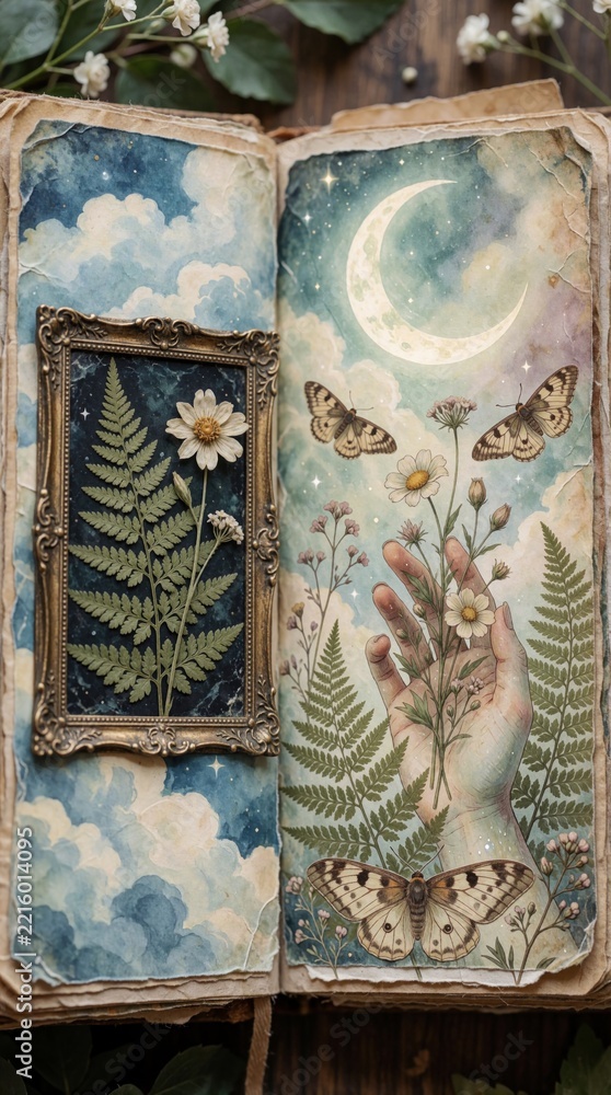 Fototapeta premium Vintage junk journal with celestial theme. Open aged book features moon, clouds, moths, botanical illustrations. Collage includes dried flowers, ferns, human hand near cosmic sky. Aesthetic